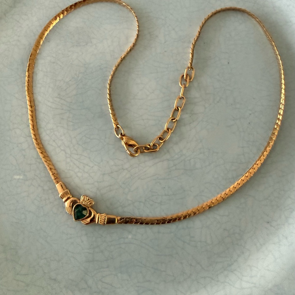 Gold Plated Claddagh Necklace with Green Heart Accent